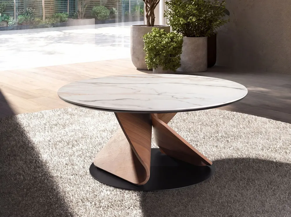 Tables basses - Table basse ronde en marbre céramique, noyer et acier noir - ANGEL CERDÁ