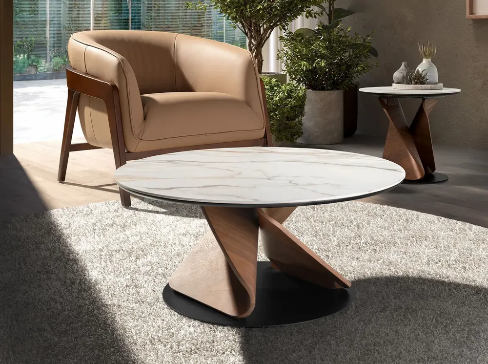 Tables basses - Table basse ronde en marbre céramique, noyer et acier noir - ANGEL CERDÁ