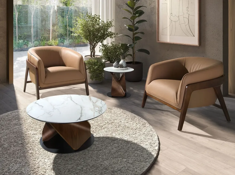 Tables basses - Table basse ronde en marbre céramique, noyer et acier noir - ANGEL CERDÁ