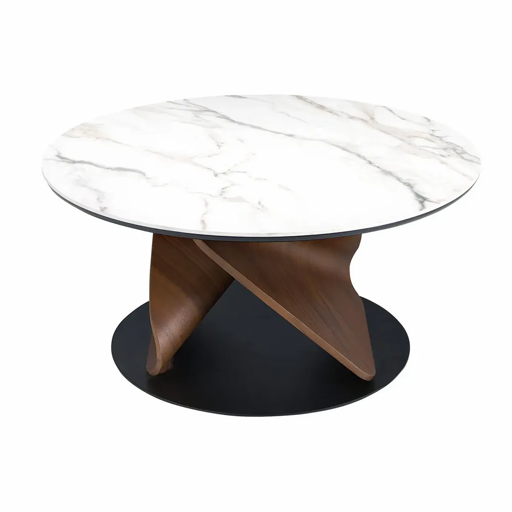 Tables basses - Table basse ronde en marbre céramique, noyer et acier noir - ANGEL CERDÁ