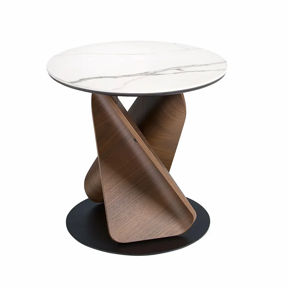 Coffee tables - Round Porcelain Marble, Walnut and Black Steel Side Table - ANGEL CERDÁ