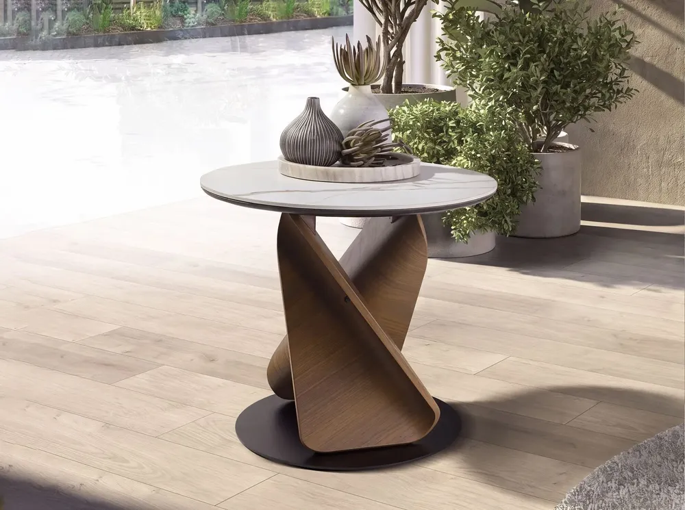 Coffee tables - Round Porcelain Marble, Walnut and Black Steel Side Table - ANGEL CERDÁ