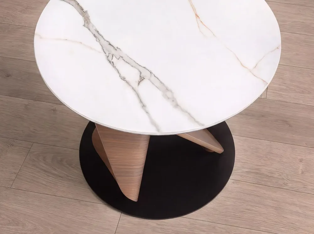 Coffee tables - Round Porcelain Marble, Walnut and Black Steel Side Table - ANGEL CERDÁ