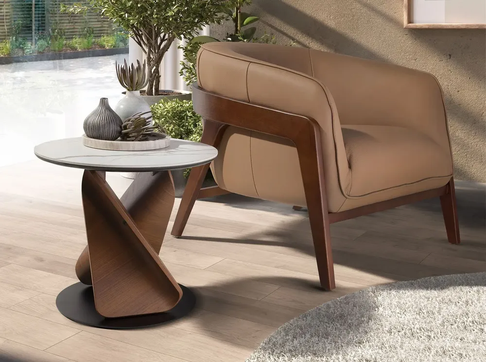 Coffee tables - Round Porcelain Marble, Walnut and Black Steel Side Table - ANGEL CERDÁ