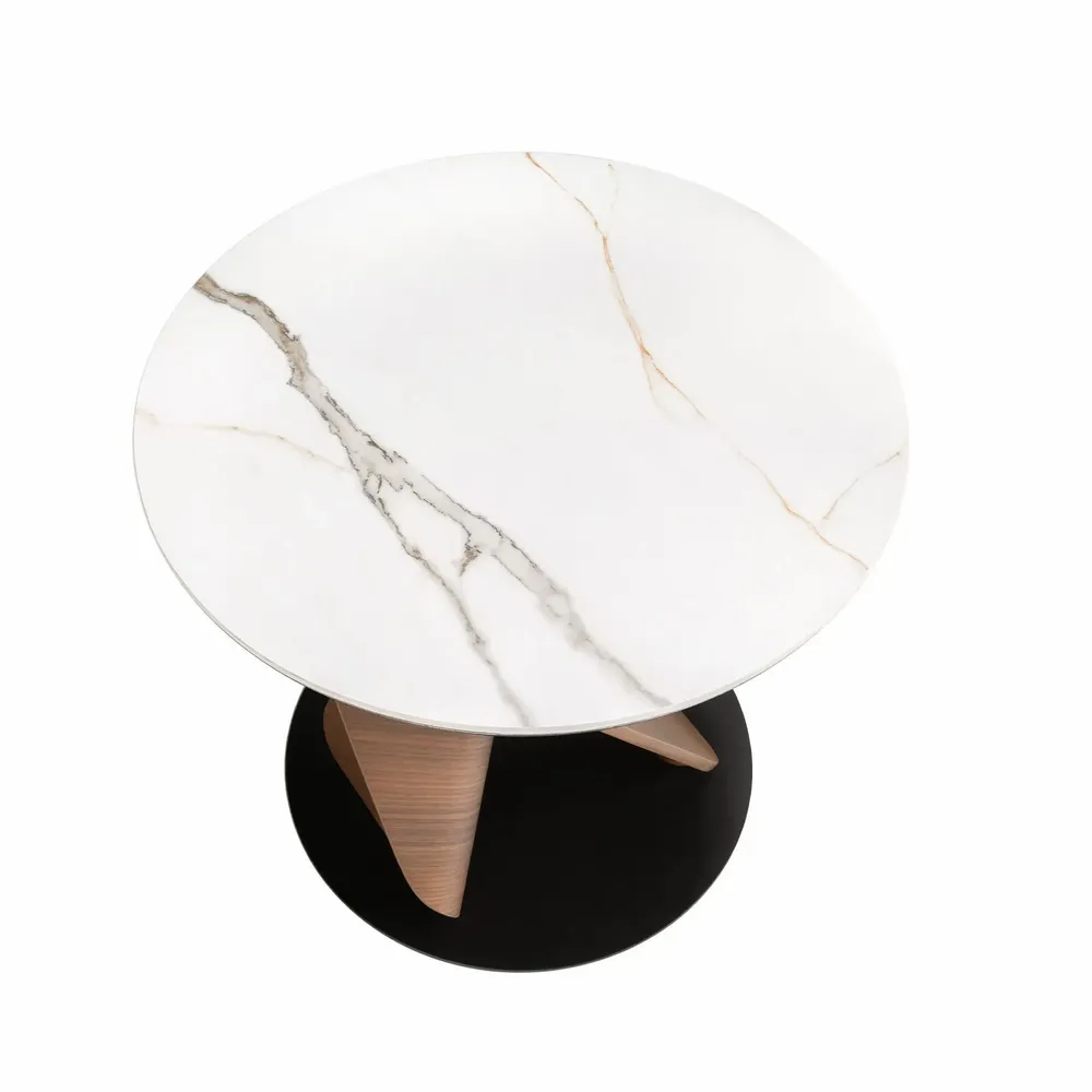 Coffee tables - Round Porcelain Marble, Walnut and Black Steel Side Table - ANGEL CERDÁ