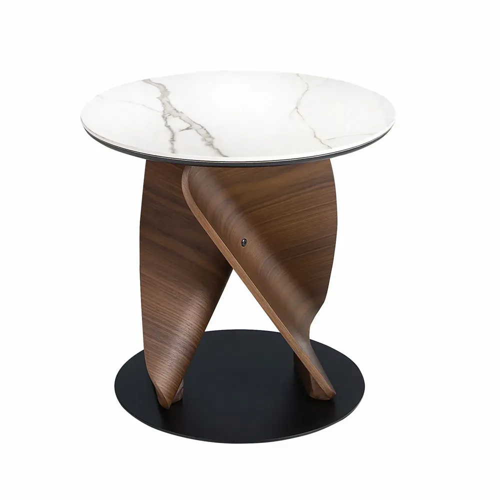 Coffee tables - Round Porcelain Marble, Walnut and Black Steel Side Table - ANGEL CERDÁ