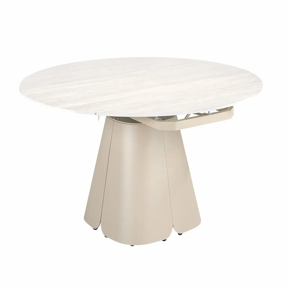 Tables Salle à Manger - Table de salle à manger ronde extensible en marbre céramique et acier couleur sable - ANGEL CERDÁ