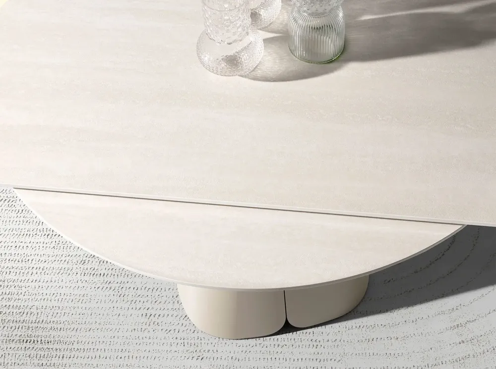 Tables Salle à Manger - Table de salle à manger ronde extensible en marbre céramique et acier couleur sable - ANGEL CERDÁ