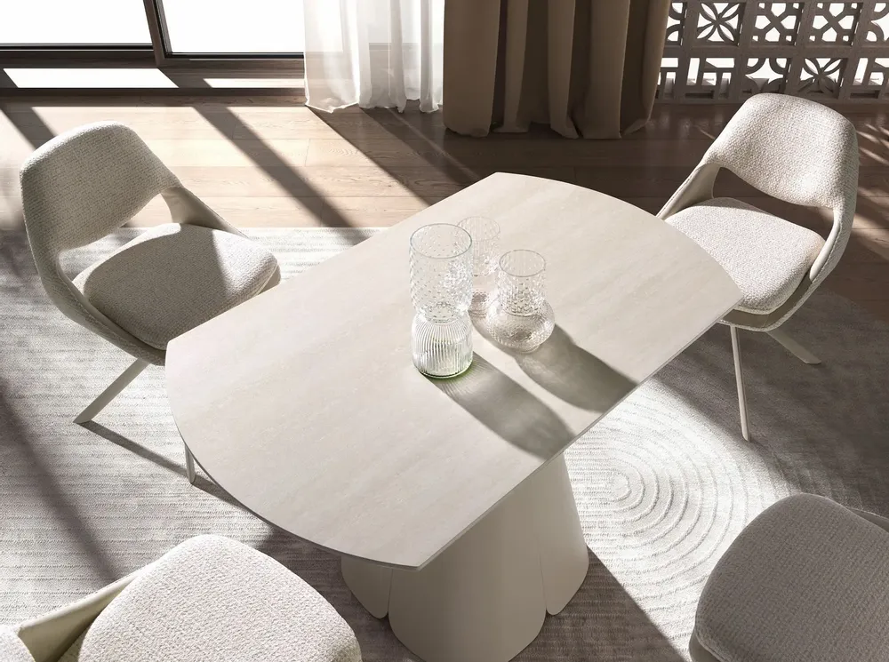 Tables Salle à Manger - Table de salle à manger ronde extensible en marbre céramique et acier couleur sable - ANGEL CERDÁ