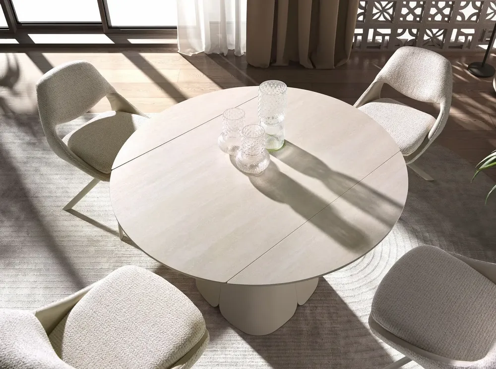 Tables Salle à Manger - Table de salle à manger ronde extensible en marbre céramique et acier couleur sable - ANGEL CERDÁ