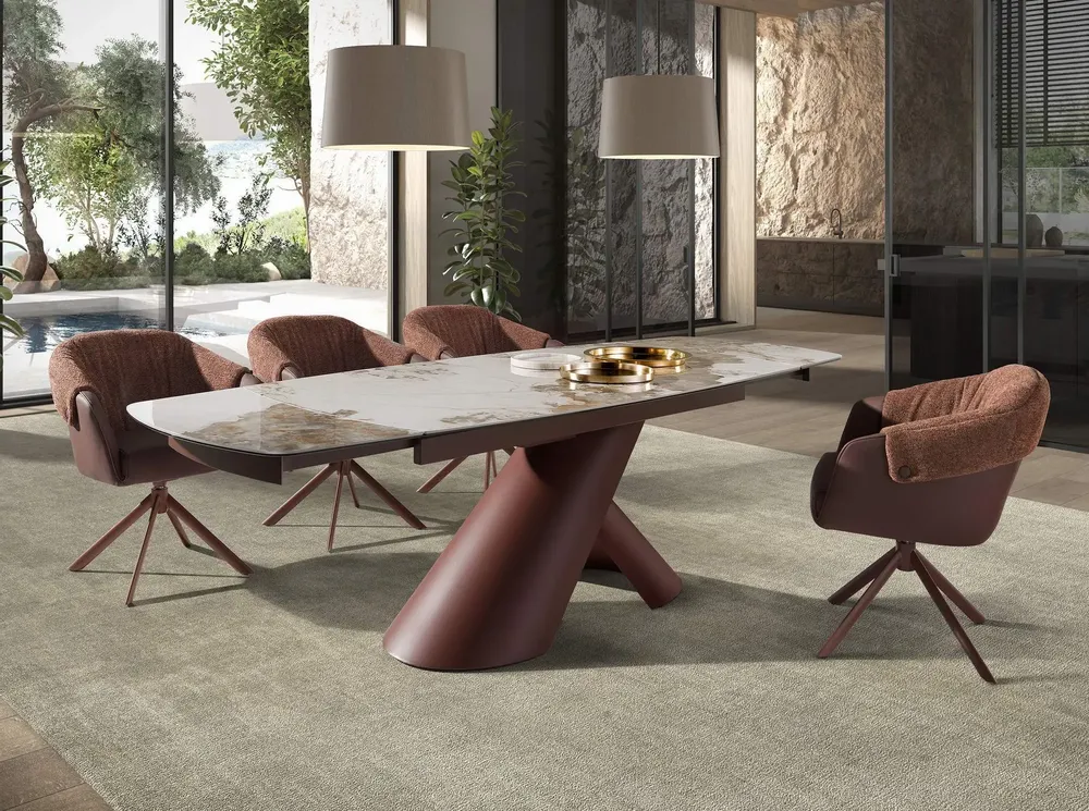Dining Tables - Extendable barrel oval dining table in porcelain marble and copper-brown steel - ANGEL CERDÁ
