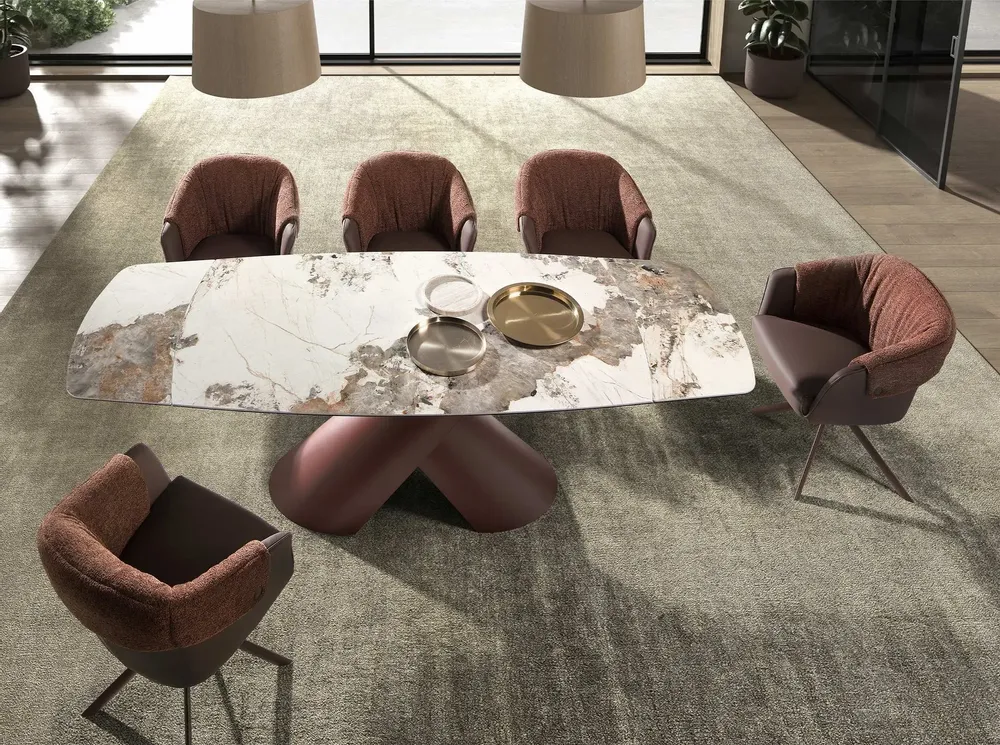 Dining Tables - Extendable barrel oval dining table in porcelain marble and copper-brown steel - ANGEL CERDÁ