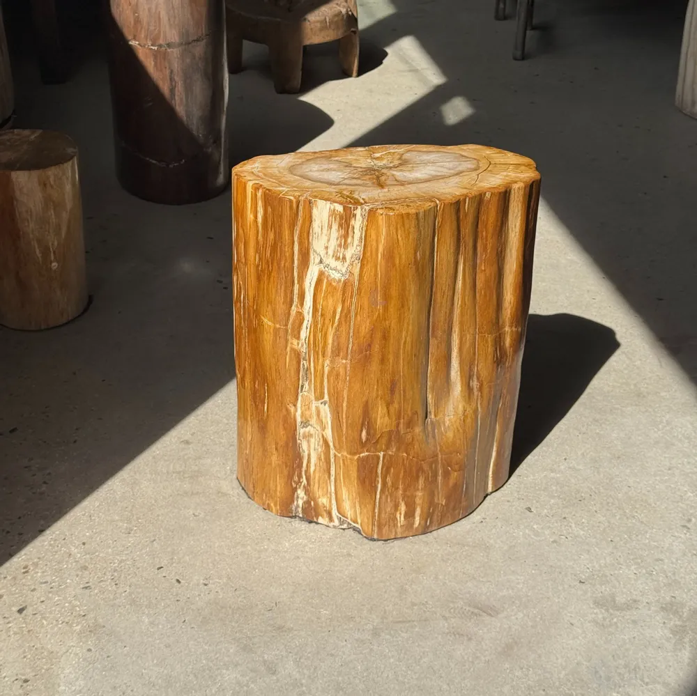 Tabourets - Table d'appoint en bois pétrifié orange doré et blanche ovale H46 D38 - OFFICE OBJETS