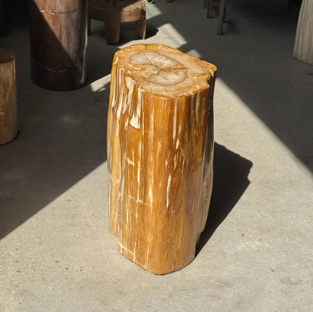Tabourets - Table d'appoint en bois pétrifié orange doré et blanche ovale H46 D38 - OFFICE OBJETS