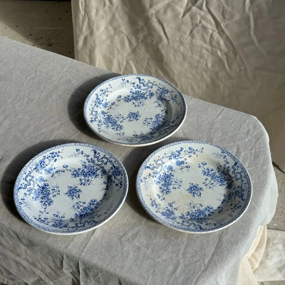 Everyday plates - Set of 3 blue earthenware plates from Gien Model Fleurette D22.5 - OFFICE OBJETS