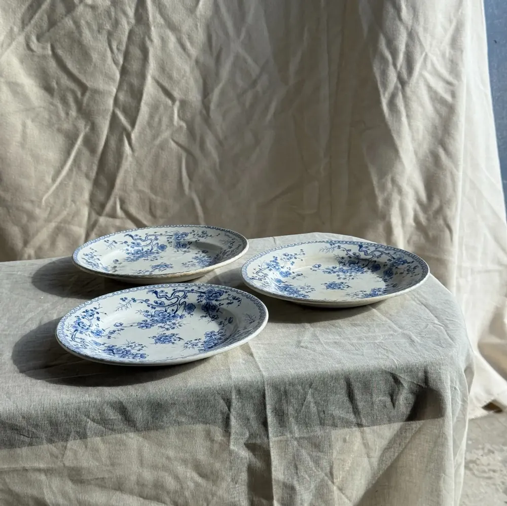 Everyday plates - Set of 3 blue earthenware plates from Gien Model Fleurette D22.5 - OFFICE OBJETS