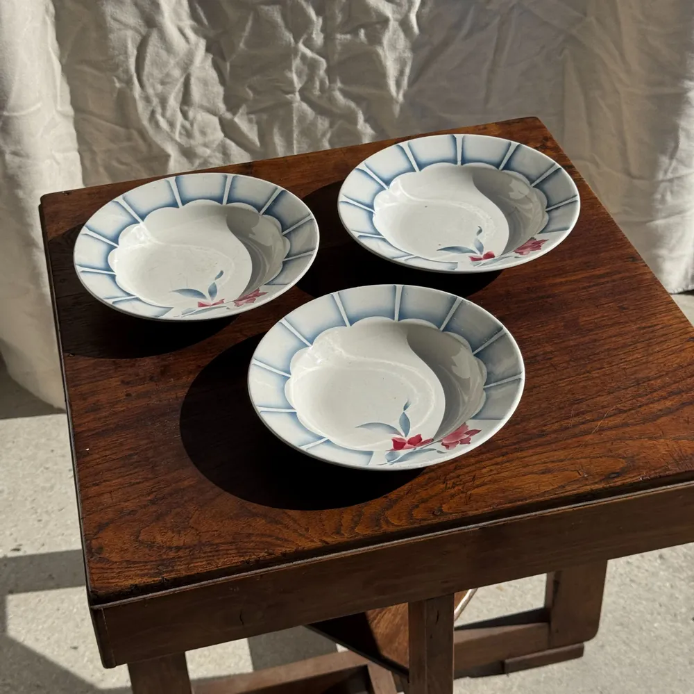 Assiettes au quotidien - Lot de 3 assiettes creuses Digoin Sarreguemines bleues et fleurs roses - OFFICE OBJETS