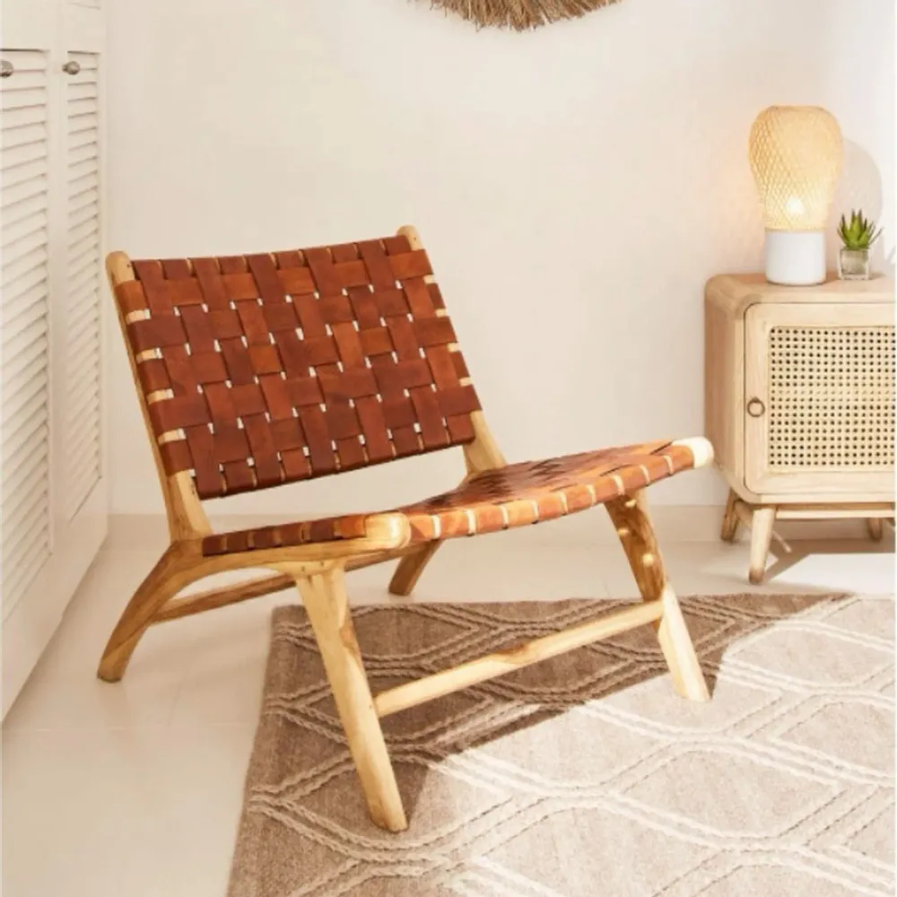 Armchairs - Relax brown armchair in solid teak and leather - DESIGN TRIP