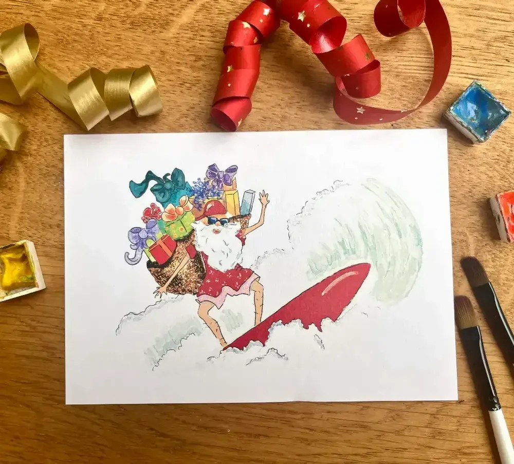 Card shop - Xmas postcard- Père Noël Surfing - POP ET SES FRÈRES