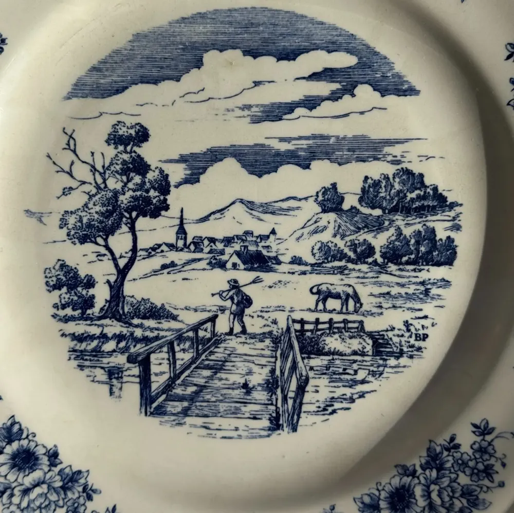 Formal plates - Antique earthenware plate decorated with a blue landscape D24.5 - OFFICE OBJETS