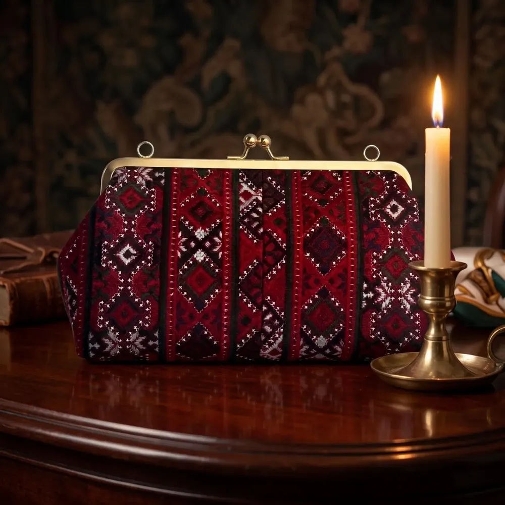 Sacs et cabas - Sac à fermoir clip brodé baloutche rouge carmin et vert émeraude - DASTHAA