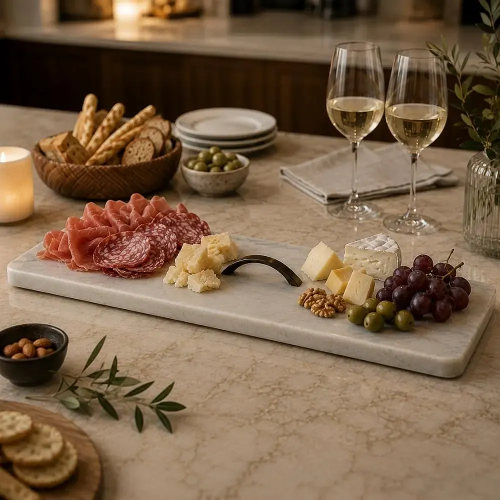 Plats et saladiers - Plateau de service en marbre avec poignée métallique –Élégance artisal - KALU CREATIONS