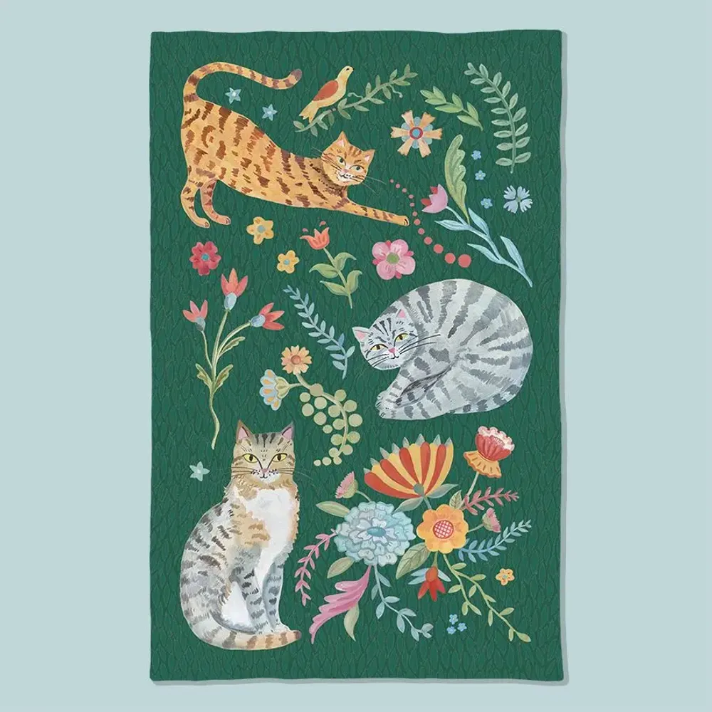 Tea towel - Folk Art Cats Tea Towel - ZOOH