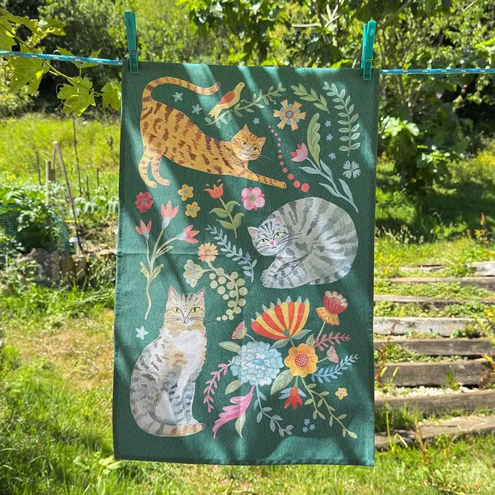 Tea towel - Folk Art Cats Tea Towel - ZOOH