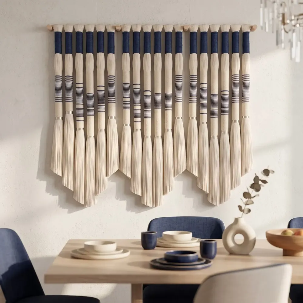Autres décorations murales - Indigo Wave : installation murale asymétrique moderne en macramé faite - SARMAL DESIGN