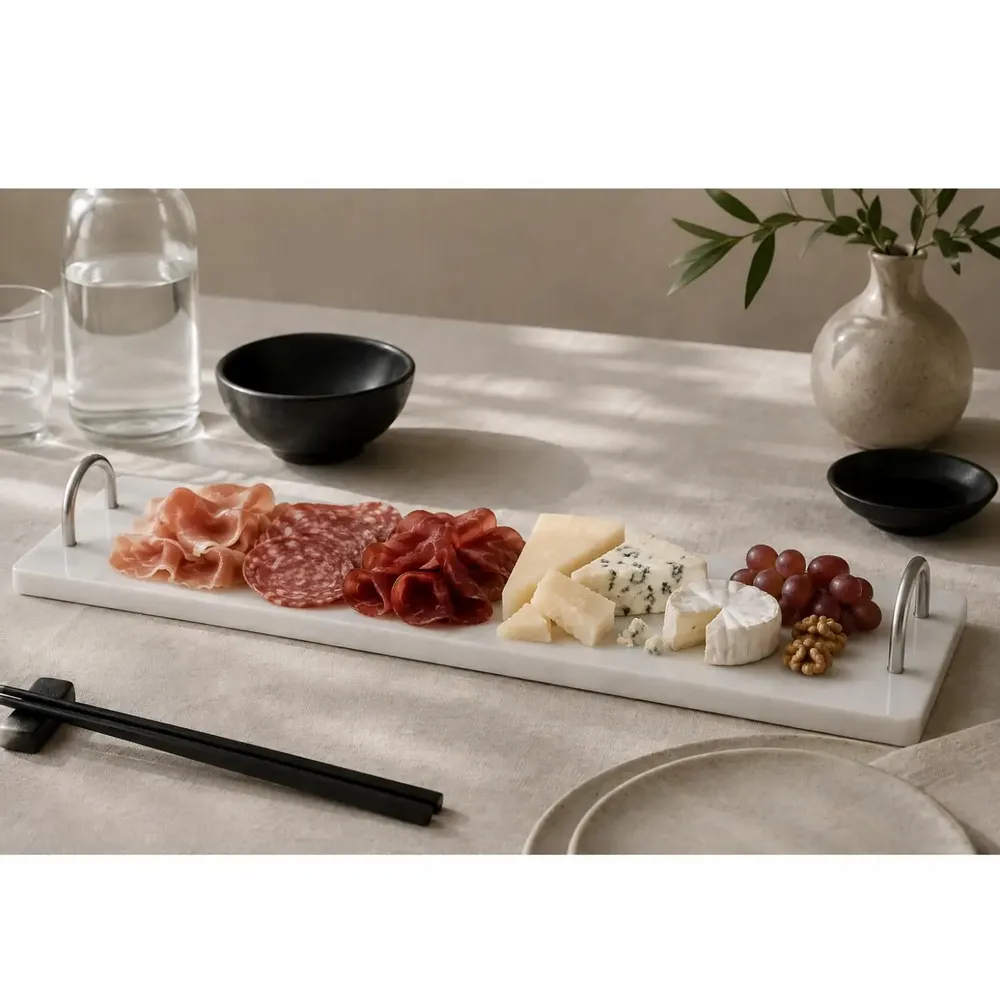 Platter and bowls - Slim Marble Serving Board with Metal Handles - KALU CREATIONS