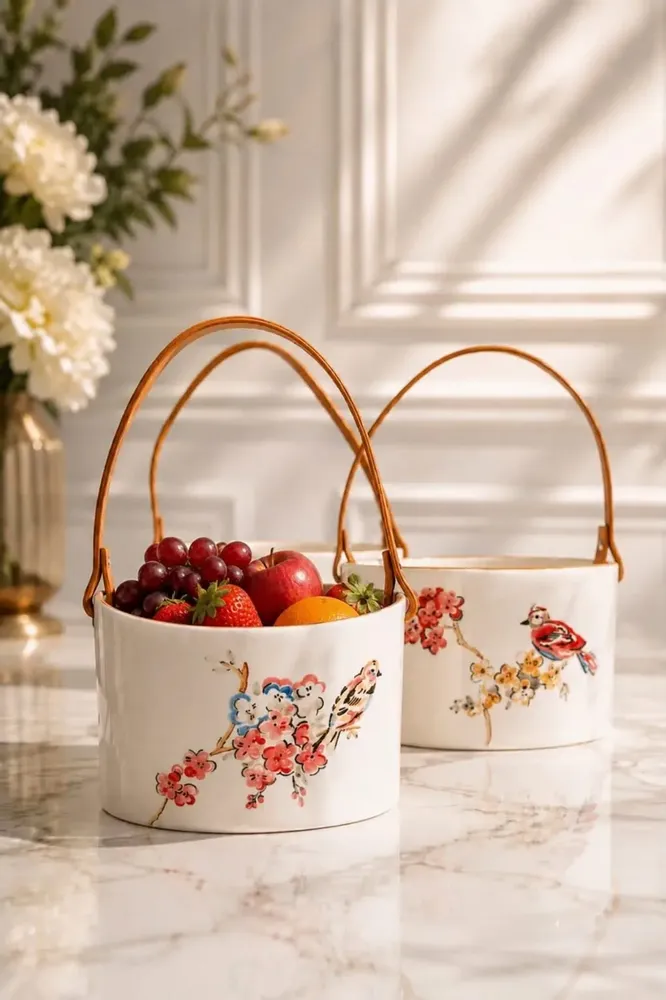 Decorative objects - Hand-Painted Ceramic Basket – Floral Birds Collection - DASTHAA