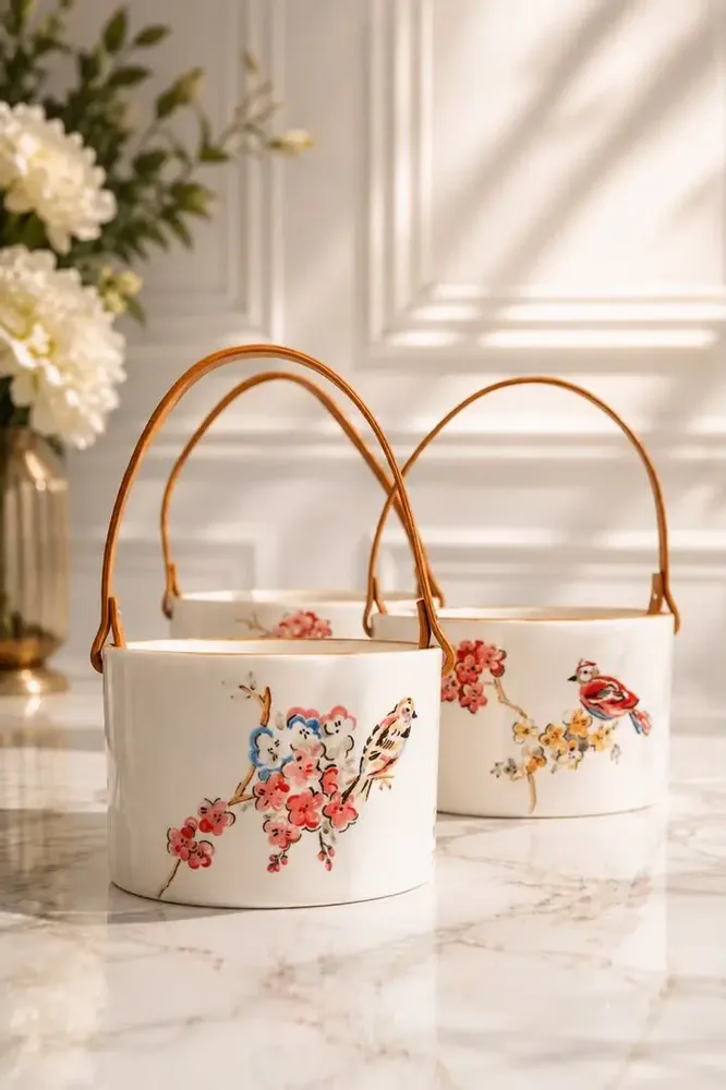 Decorative objects - Hand-Painted Ceramic Basket – Floral Birds Collection - DASTHAA
