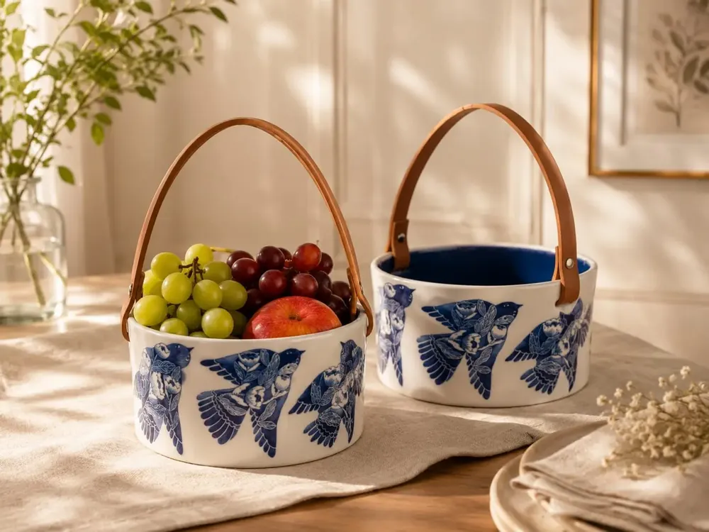 Decorative objects - Hand-Painted Ceramic Basket – Blue Flight Collection - DASTHAA