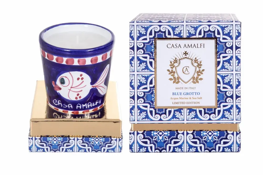 Fragrance for women & men - BLUE GROTTO Hand Painted Pesciolino Soy Candle - Aqua Marine & Sea Salt 200g - CASA AMALFI