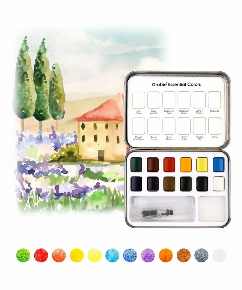 Papeterie bureau - Ensemble de 12 aquarelles de poche avec pinceau - Couleurs essentielle - GRABIE
