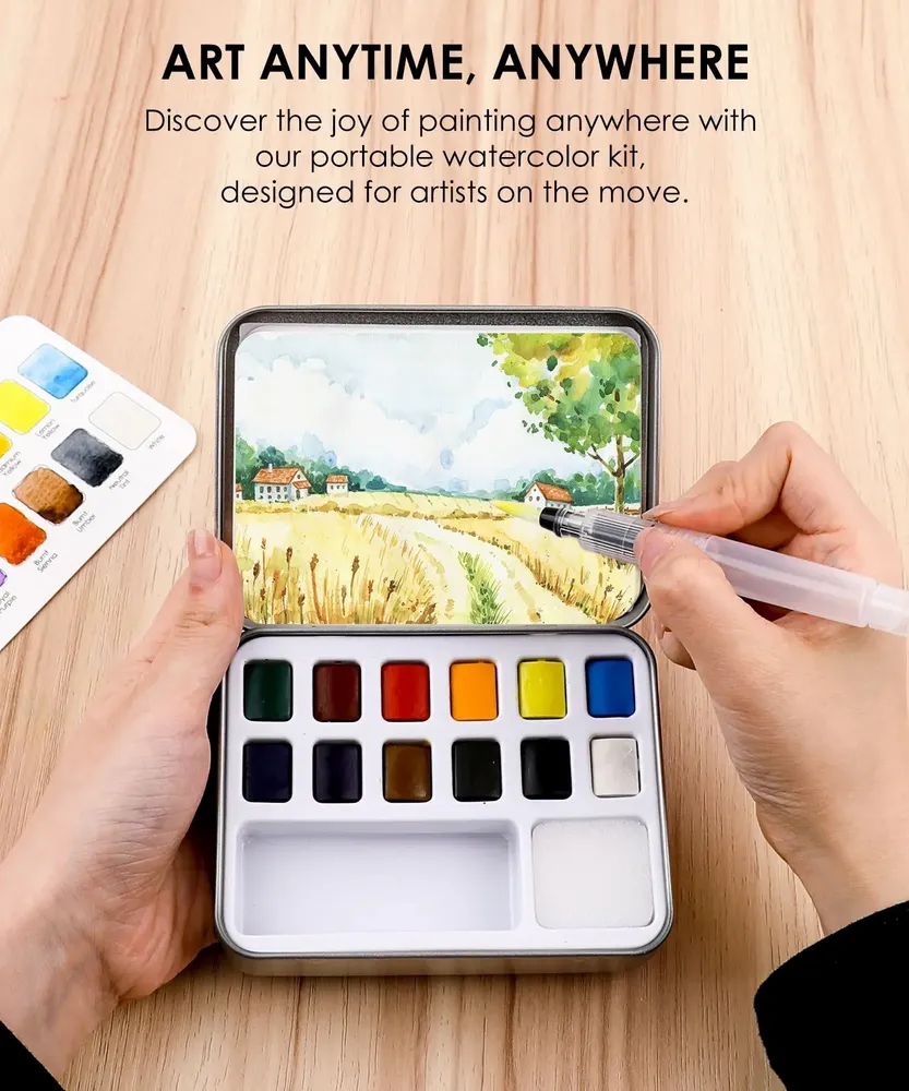 Papeterie bureau - Ensemble de 12 aquarelles de poche avec pinceau - Couleurs essentielle - GRABIE