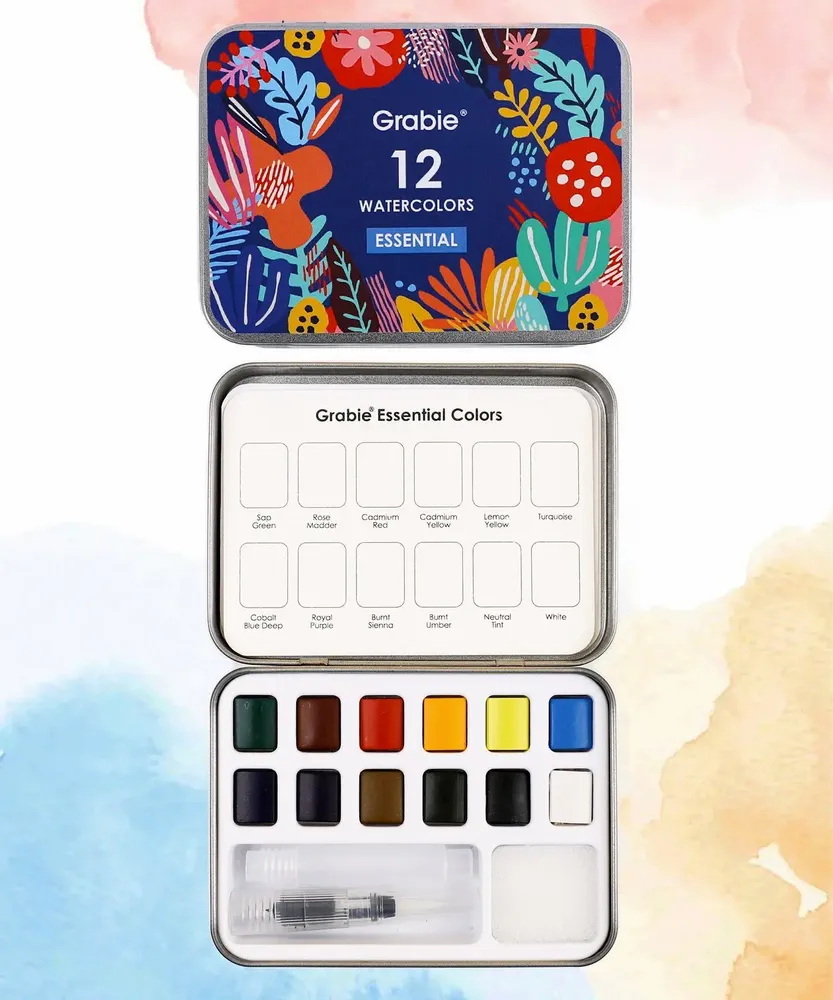 Papeterie bureau - Ensemble de 12 aquarelles de poche avec pinceau - Couleurs essentielle - GRABIE