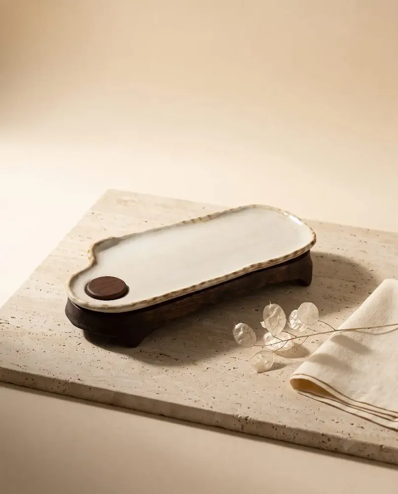 Platter and bowls - Handcrafted Ceramic Rectangular Serving Tray with Wooden Base - DASTHAA
