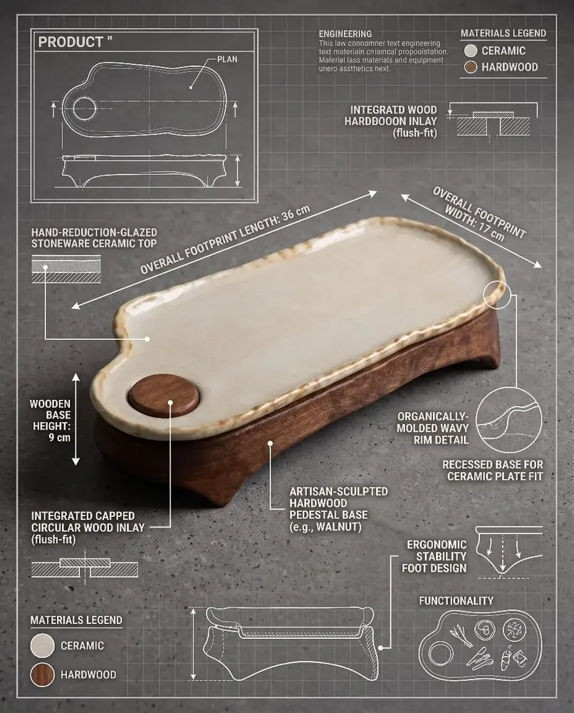 Platter and bowls - Handcrafted Ceramic Rectangular Serving Tray with Wooden Base - DASTHAA