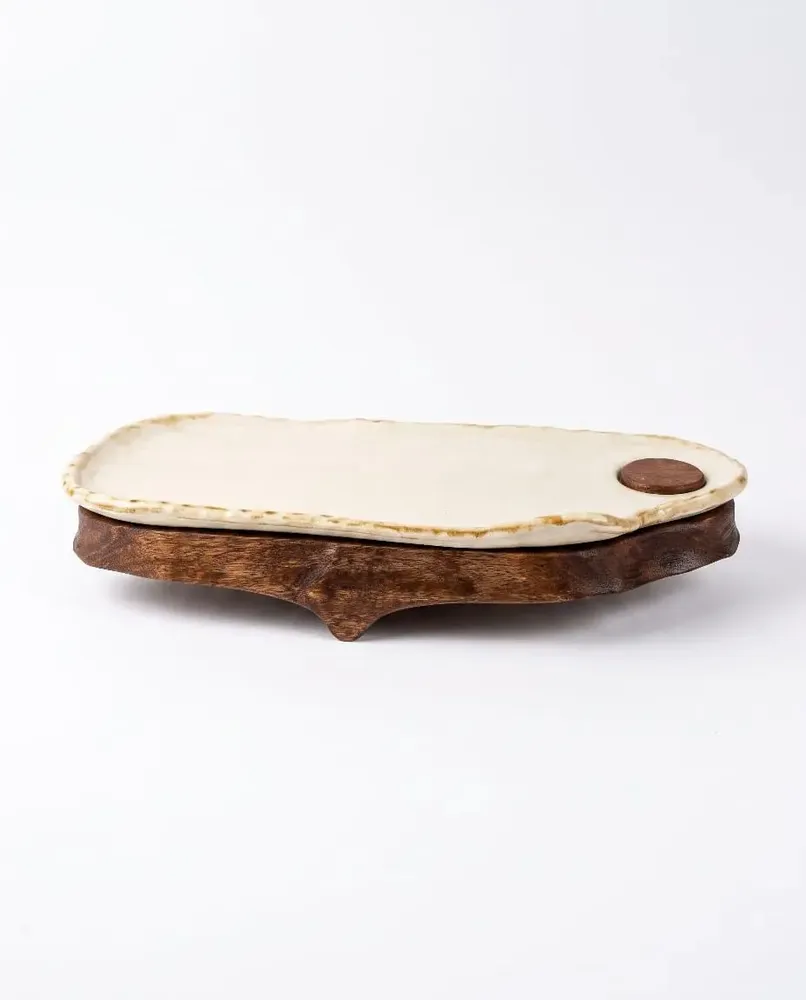 Platter and bowls - Handcrafted Ceramic Rectangular Serving Tray with Wooden Base - DASTHAA