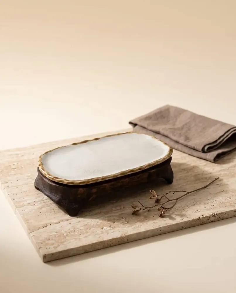Platter and bowls - Handcrafted Ceramic Oval Serving Tray with Wooden Base - DASTHAA