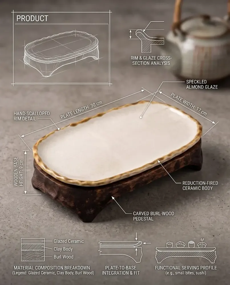Platter and bowls - Handcrafted Ceramic Oval Serving Tray with Wooden Base - DASTHAA