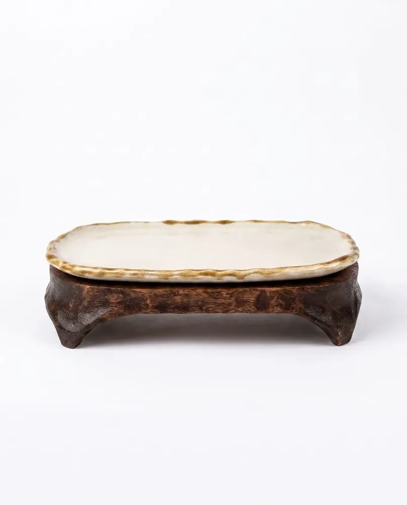 Platter and bowls - Handcrafted Ceramic Oval Serving Tray with Wooden Base - DASTHAA