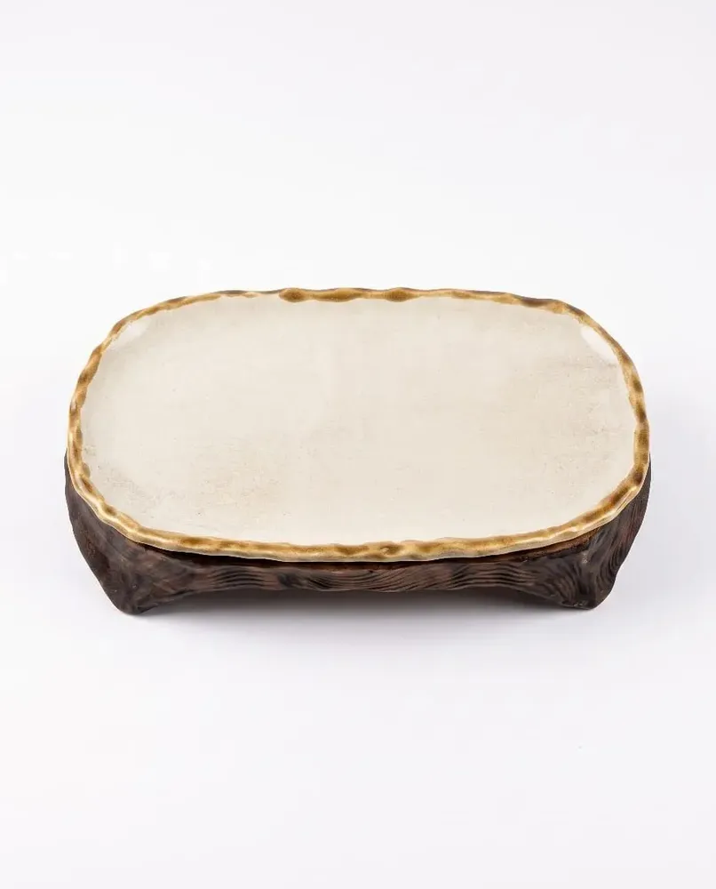 Platter and bowls - Handcrafted Ceramic Oval Serving Tray with Wooden Base - DASTHAA