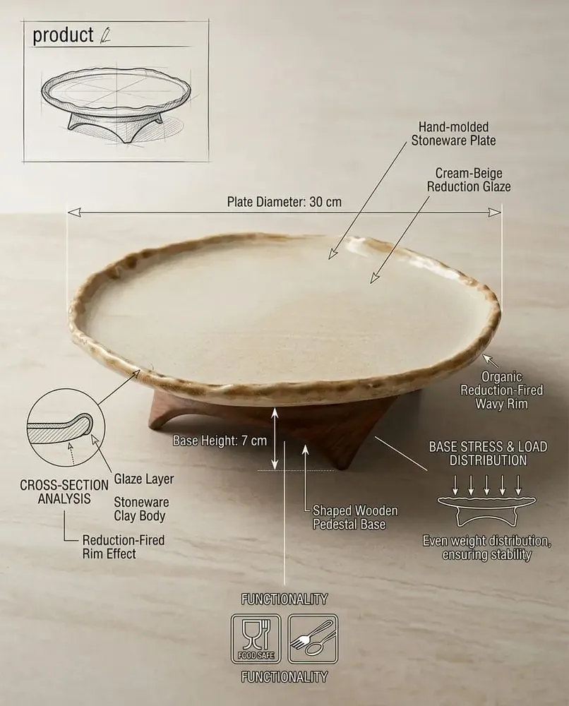 Platter and bowls - Handcrafted Ceramic Pedestal Serving Plate with Wooden Base - DASTHAA
