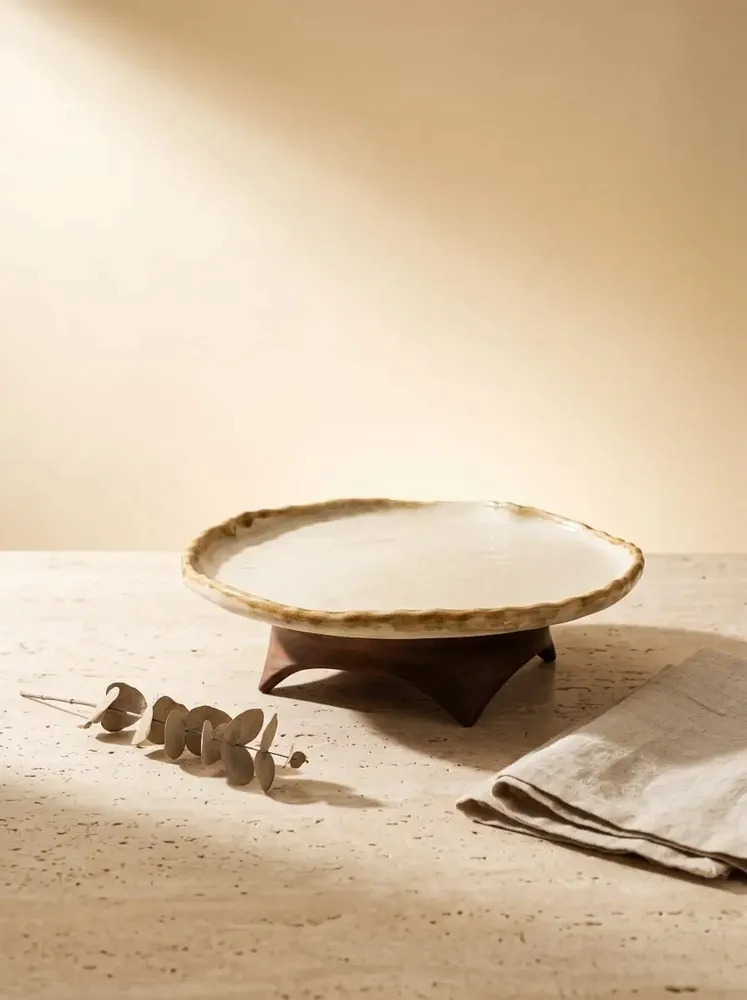 Platter and bowls - Handcrafted Ceramic Pedestal Serving Plate with Wooden Base - DASTHAA