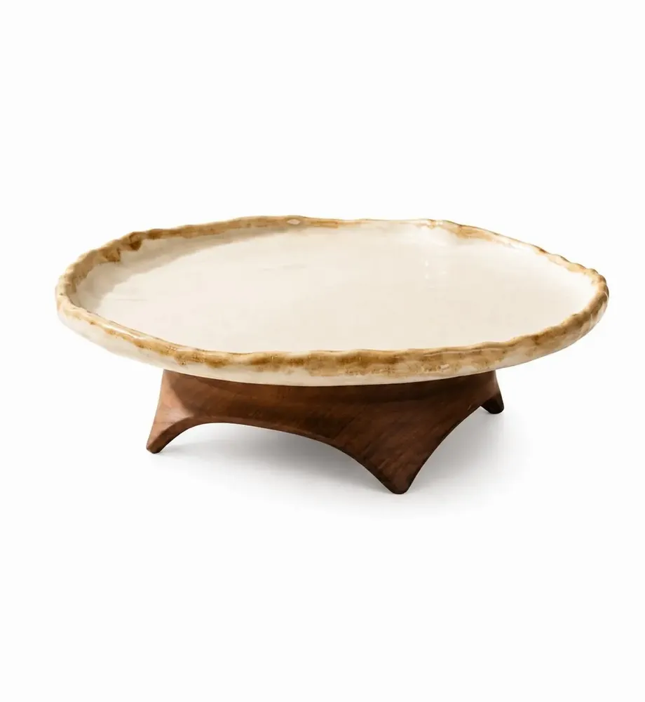 Platter and bowls - Handcrafted Ceramic Pedestal Serving Plate with Wooden Base - DASTHAA