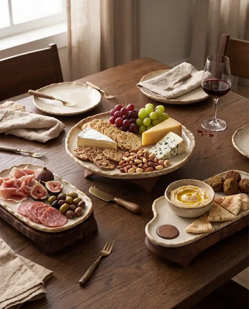 Platter and bowls - Handcrafted Ceramic Pedestal Serving Plate with Wooden Base - DASTHAA