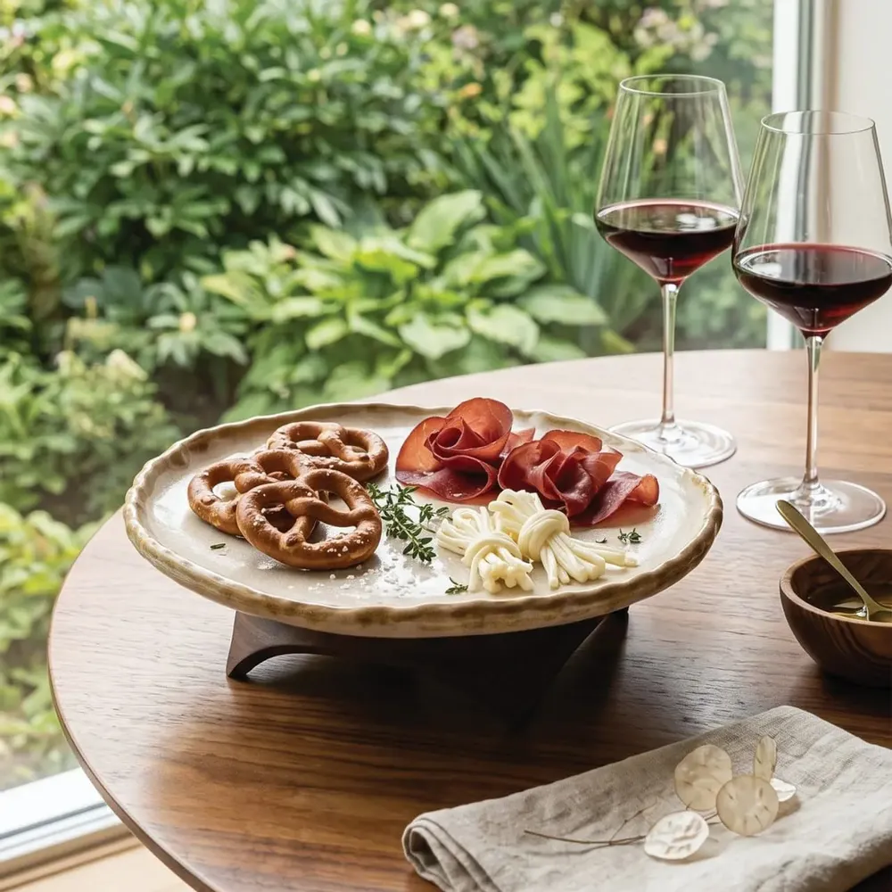 Platter and bowls - Handcrafted Ceramic Pedestal Serving Plate with Wooden Base - DASTHAA