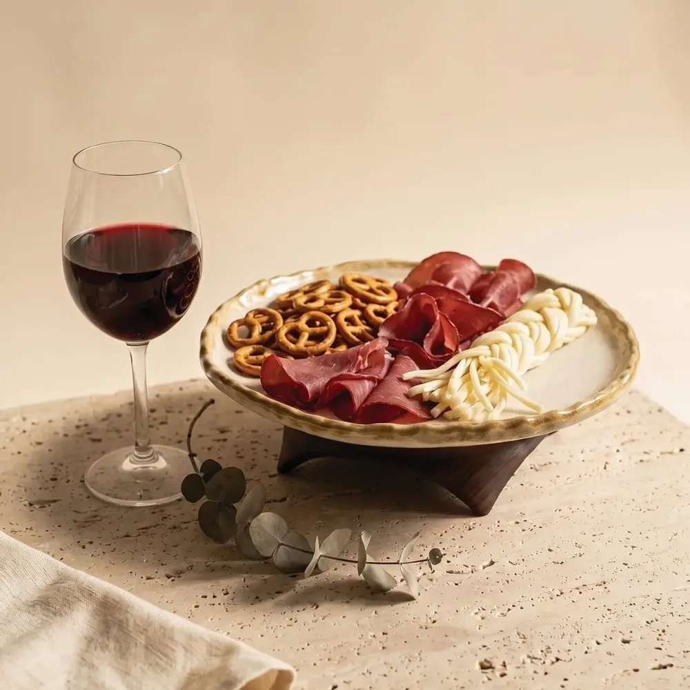 Platter and bowls - Handcrafted Ceramic Pedestal Serving Plate with Wooden Base - DASTHAA